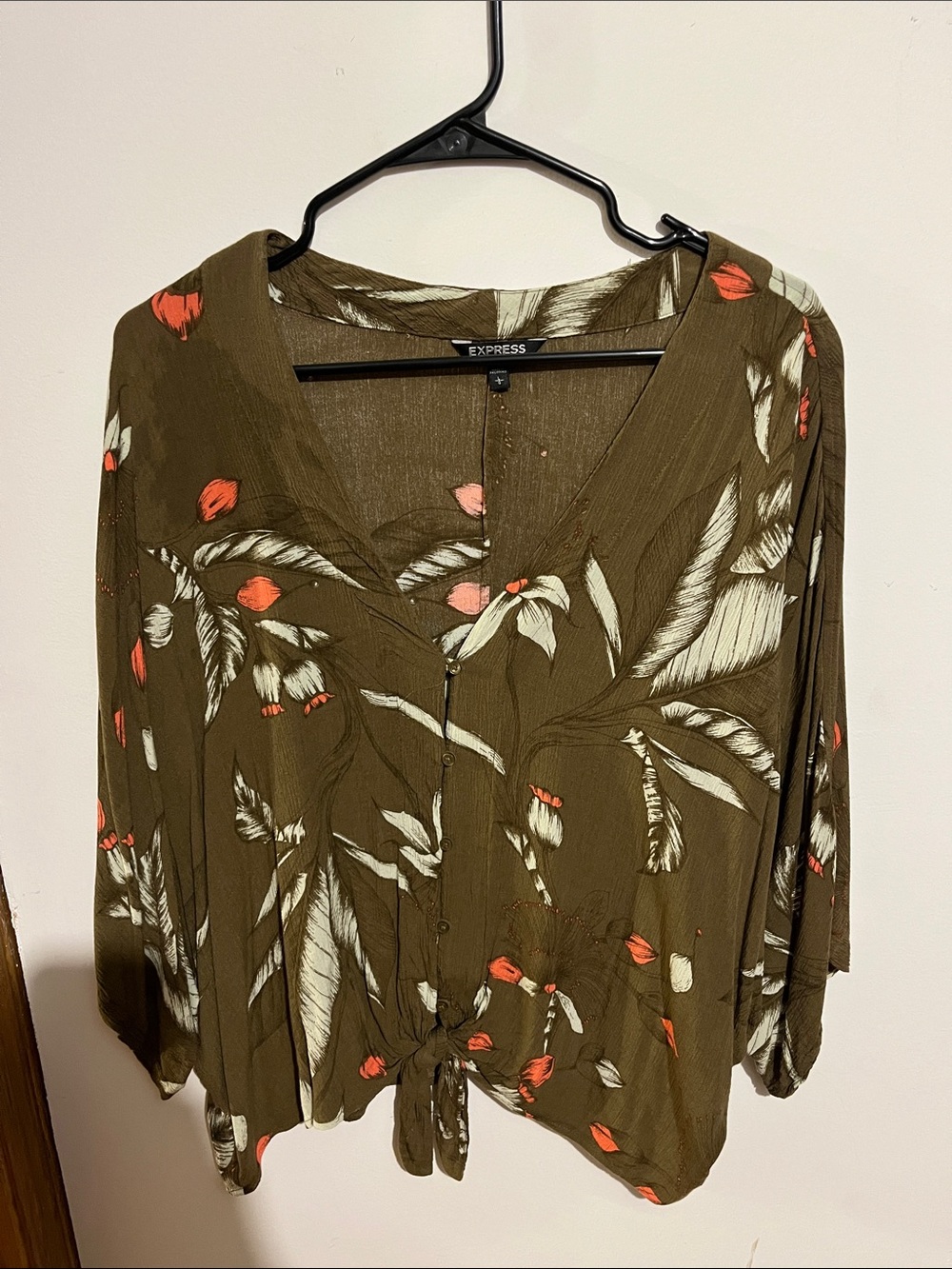Express Olive Floral Button-Front Tie Hem Blouse